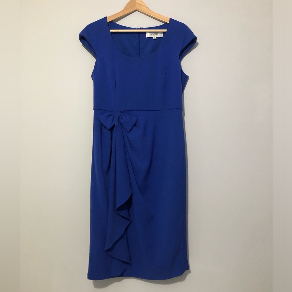 Badgley Mischka Royal Blue Midi Sheath Cocktail Dress Waist Bow Women’s 10 As Is